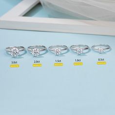 five different types of engagement rings on display