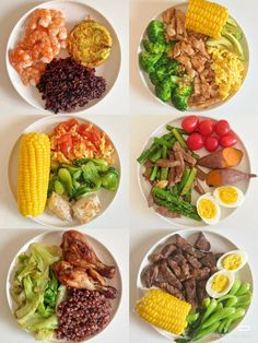 four plates with different types of food on them