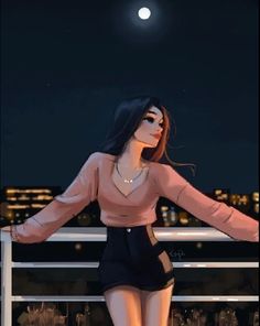 a woman standing on top of a roof next to a night time cityscape