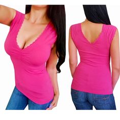 95% Cotton 5% Spandex Approximate Measurements Small Armpit To Armpit- 14" Top Of Shoulder To Hem (Length)- 24" Medium Armpit To Armpit- 15" Top Of Shoulder To Hem (Length)- 24.5" Large Armpit To Armpit- 16" Top Of Shoulder To Hem (Length)- 25" Stretch V-neck Vest Top, Stretch Low-cut Summer Tops, Stretch Low-cut Tops For Summer, V-neck Tops With Built-in Bra, Stretch Solid Color Low-cut Tank Top, Trendy V-neck Stretch Tank Top, Trendy Stretch Low-cut Tops, Trendy Stretch V-neck Tank Top, Solid Color V-neck Vest Top