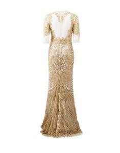 NAEEM KHAN CLOTHINGDRESSGOWN GOLD / 6 Illusion Neckline Embroidered Gown Luxury Lace Embellished Evening Dress, Luxury Gold Gown With Sequins, Gold Gown With Gold Embroidery For Reception, Luxury Gold Sequin Gown, Gold Embroidered Gown For Reception, Luxury Gold Embellished Evening Dress, Fitted Luxury Gold Gown, Luxury Gold Dress With Sweep Train, Gold Fitted Luxury Gown