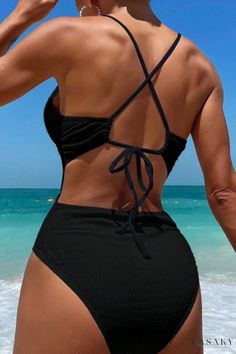 Lasaky - Chic Solid Bandage Backless Swimsuit with Integrated Padding Solid Backless Bodysuit For Vacation, Solid Color Backless Bodysuit For Vacation, Black Backless Bodysuit For Beach Party, Black Backless Bodysuit With Tie Back, Stretch Tie Back Bodysuit For Beach, Stretch Bodysuit With Tie Back For Beach, Stretch Tie-back Bodysuit For Beach, One-piece Tie Back Bodysuit For Beach, One-piece Bodysuit With Tie Back For Beach