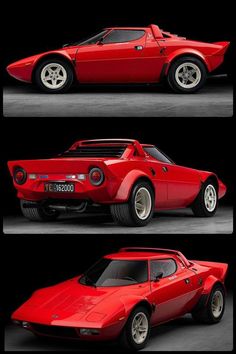 three different views of a red sports car