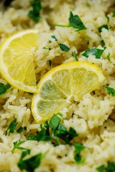 rice with lemon slices and parsley on top