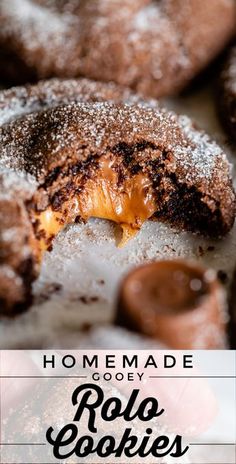 homemade goey rolo cookies with powdered sugar on top