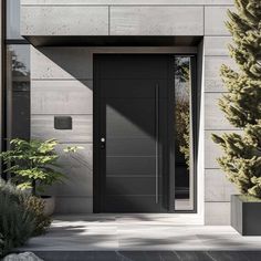 an entrance to a modern house with black doors and plants on the side walk next to it