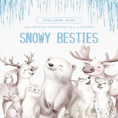 an image of some animals that are in front of the words, snow besties