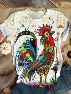 Women's Funny Chicken Art Print Crew Neck T-Shirt Spring Random Print Short Sleeve Tops, Multicolor Random Print Summer Tops, Multicolor Cartoon Print T-shirt For Spring, Multicolor Random Print Top With Short Sleeves, Multicolor Tops With Funny Print For Spring, Patterned Graphic Tee For Summer, Spring Patterned T-shirt With All Over Print, Patterned All Over Print T-shirt For Spring, Summer Patterned Graphic Tee