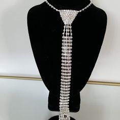 Stunning Rhinestone Fashion Jewelry Tie..Length Of Tie Is 11.5..Adjustable Chain Silver Adjustable Rhinestone Costume Necklace, Adjustable Silver Rhinestone Costume Necklace, Adjustable Silver Rhinestone Necklace With Bling, Adjustable Silver Sparkling Rhinestone Necklace, Adjustable Bling Rhinestone Necklace For Evening, Adjustable Rhinestone Necklaces For Evening, Adjustable Rhinestone Evening Necklace, Glamorous Adjustable Rhinestone Necklace For Formal Events, Silver Lariat Rhinestone Necklace For Parties