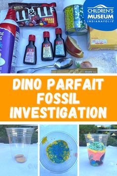 an image of some food and drinks on a table with the words dino parfait fossil in it