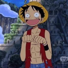 an animated image of a man with no shirt and hat pointing at the camera while standing in front of a castle