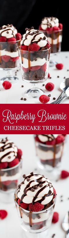 raspberry brownie cheesecake trifles with chocolate drizzle