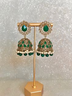 Gold/multi Indian Jhumka Earrings - Etsy Elegant Green Danglers For Celebration, Elegant Green Danglers For Reception, Elegant Green Earrings For Reception, Elegant Green Bridal Earrings For Festive Occasions, Bollywood Green Bridal Earrings For Reception, Elegant Green Chandelier Earrings With Latkans, Green Drop Earrings For Celebration, Elegant Green Bridal Earrings For Reception, Green Latkans Earrings For Reception