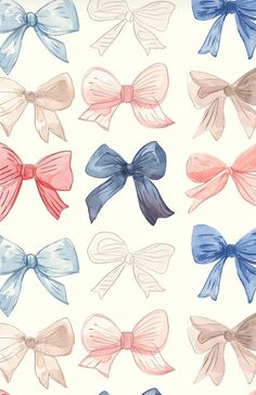 a bunch of different colored bows on a white background with blue, red and pink colors