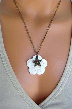 Starfish Necklace SEA FLOWER Mermaid Jewelry by AJBcreations Bohemian Flower Charm Jewelry For Beach, Bohemian Starfish Jewelry With Lobster Clasp, Handmade Flower Pendant Jewelry For Beach, Bohemian Starfish Necklaces With Lobster Clasp, Bohemian White Starfish Jewelry, Handmade Bohemian Starfish Jewelry, White Shell-shaped Jewelry With Starfish Charm, White Flower Charm Necklace For Beach, White Flower Charm Necklace For The Beach