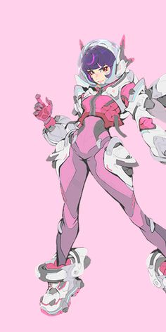 an anime character in pink and white is on a skateboard with her arms out