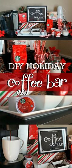 a coffee bar with candy canes, hot chocolate bars and christmas decorations on it