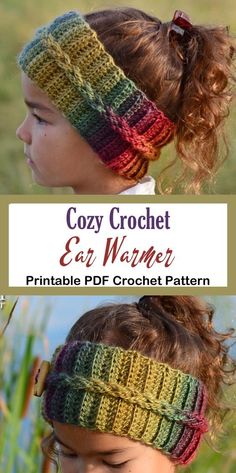 two pictures of the same headband with text that says cozy crochet ear warmer