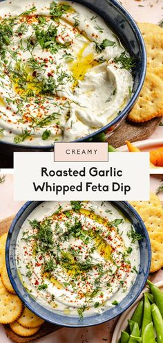 roasted garlic whipped peta dip with crackers and vegetables