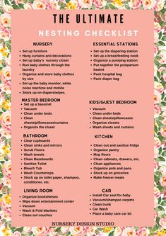 the ultimate nesting checklist for moms and their babies in pink with flowers on it