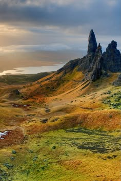 the mountains are covered in green grass and yellow flowers, with some rocks sticking out of them