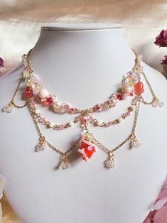 Strawberry Queen Necklace – By Cocoyu Pretty Beaded Jewelry, Layered Beaded Necklace, Queen Necklace, Strawberry Necklace, Covered Strawberry, Layered Beaded Necklaces, Strawberry Charm, Etsy Ideas, Detailed Jewelry