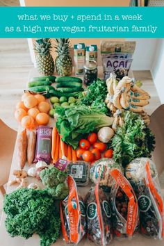 an assortment of fruits and vegetables sitting on top of a cardboard box with the words what we buy + spend in a week as a high raw vegan vegetarian family