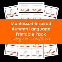 the montessori - inspired autumn language printable pack is shown in orange and white