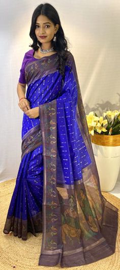 Blue color Saree in Chanderi Silk fabric with Printed work Indigo Dupatta For Wedding And Festivals, Indigo Wedding Dupatta For Festivals, Indigo Wedding Dupatta With Pallu Detail, Indigo Dupatta With Pallu For Wedding, Wedding Indigo Dupatta With Pallu, Indigo Traditional Wear For Wedding And Festivals, Blue Art Silk Traditional Wear With Self Design, Blue Cutdana Traditional Wear For Eid, Blue Self Design Saree For Festive Occasions