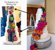 the wedding cake is decorated with colorful flowers