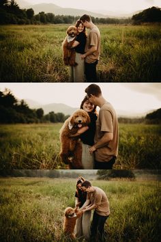 a man and woman cuddle in the grass with a bear on their lap as they stand next to each other