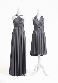 two dresses on mannequins, one in grey