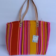 New With Tags Rough Wove Textile Bag Handmade In Cabo Natural Leather Straps Vibrant Multicolor Bags For Everyday Use, Red Rectangular Beach Bag With Adjustable Strap, Yellow Bohemian Shoulder Bag For Shopping, Vibrant Rectangular Travel Bag, Colorful Vibrant Travel Bags, Multicolor Beach Bag With Leather Handles, Everyday Multicolor Beach Bag With Leather Handles, Red Beach Bag With Adjustable Strap, Vibrant Colorful Shoulder Bag For Everyday Use