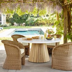 an outdoor table with wicker chairs under a pergolated roof next to a swimming pool