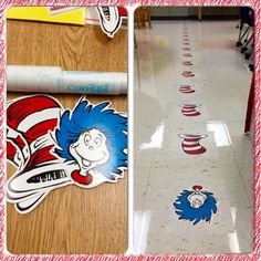 the cat in the hat themed floor decals are being used to decorate school hallways