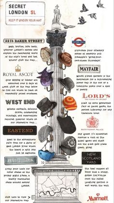 an old advertisement with many different hats on it's tower and the words london