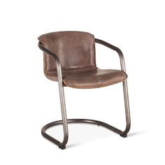 a brown leather chair with metal frame and arm rests on a white background the chair is upholstered