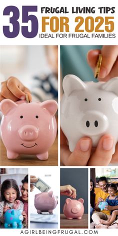 A collage of piggy banks, families saving money, and hands holding cash, showcasing practical frugal living tips and budget-friendly strategies for saving money in 2025. Stay At Home Mom Budget Frugal Living, How To Live Frugal Saving Money, Frugal Tips Life Hacks, Sahm Budget Frugal Living, Being Frugal Tips, Ways To Be Frugal, Simple Ways To Save Money, Ways To Save Money Frugal Living Tips, How To Be Frugal