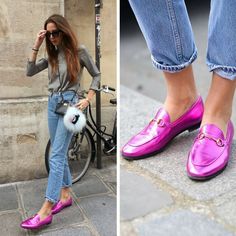 Mettalic Gucci Loafer! So fashion! Pink Sandals Outfit, Outfit Mocasines, Mocassin Outfit, Mules Outfits, Black Loafers Outfit