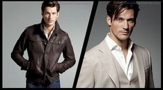 two men in jackets one is wearing a white shirt and the other has a brown jacket