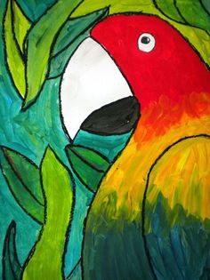 a painting of a colorful parrot with green leaves