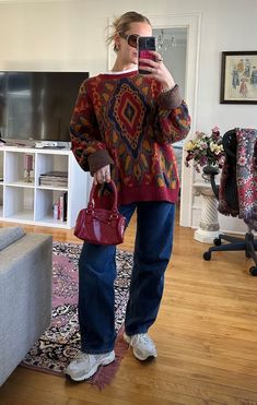 vintage sweater inspi Winter Outfits Maximalist, Vintage Christmas Sweater Outfit, Winter Outfits Eclectic, Fall Maximalist Outfit, Eclectic Maximalism Outfit, Vintage Eclectic Outfits, 90s Sweater Outfits, Eclectic Grandma Fashion, Cozy Thanksgiving Outfit