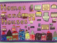 a bulletin board with some pictures and words on it that says homes and houses in different colors