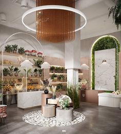 the inside of a flower shop with lots of potted plants