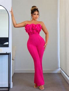 Summer Women's Pink Jumpsuit Graduation Prom Date Ruffled Lace Tight Ladies Tube Jumpsuit Hot Pink Elegant,Party  Sleeveless Knitted Fabric Colorblock,Plain Wide Leg Slight Stretch Summer Women Clothing, size features are:Bust: ,Length: ,Sleeve Length: Stretch Pink One-piece For Party, Luxury Glamorous Pink Jumpsuits And Rompers, Fitted Pink Jumpsuit With Ruffles, Luxury Glamorous Pink Jumpsuit, One-piece Pink Jumpsuit For Vacation, Hot Pink Outfit, White Party Outfit, Tube Jumpsuit, Mode Rose