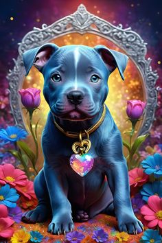 a blue dog with a heart on its collar sitting in front of flowers and a mirror