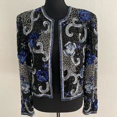 Scala Heavily Embellished Boxy Vintage Jacket In Near Pristine Condition Pls See Pictures Shoulder Pads Eye Hook Closure Fully Lined No Size Tag Fits Me And I Am M Pit To Pit 19,5” Length 20,5” Eye Hook, Silk Jacket, Vintage Jacket, Vintage Silk, Size Tag, Shoulder Pads, Black Blue, Jackets & Coats, Jackets For Women