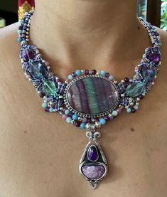 Gorgeous Fluoride,Sugilite and Sterling Silver Macrame Necklace Spiritual Purple Macrame Jewelry, Woodstock Ny, Ethiopian Opal Ring, Macrame Necklace, Art Objects, Treasure Island, Beaded Necklaces, Jewelry Projects, Opal Rings