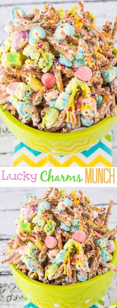 lucky charms munch cereal salad in a green bowl on top of a blue and yellow striped