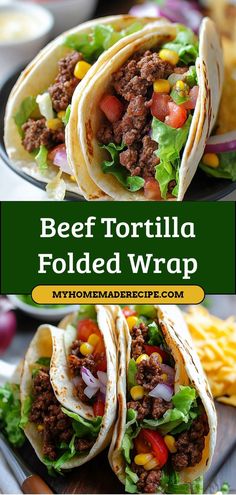 beef tortilla folded wrap with lettuce, tomatoes and corn on the side